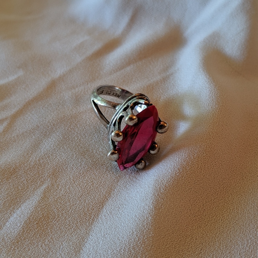 Vintage Sterling Silver Mexican Ring with Red Gem